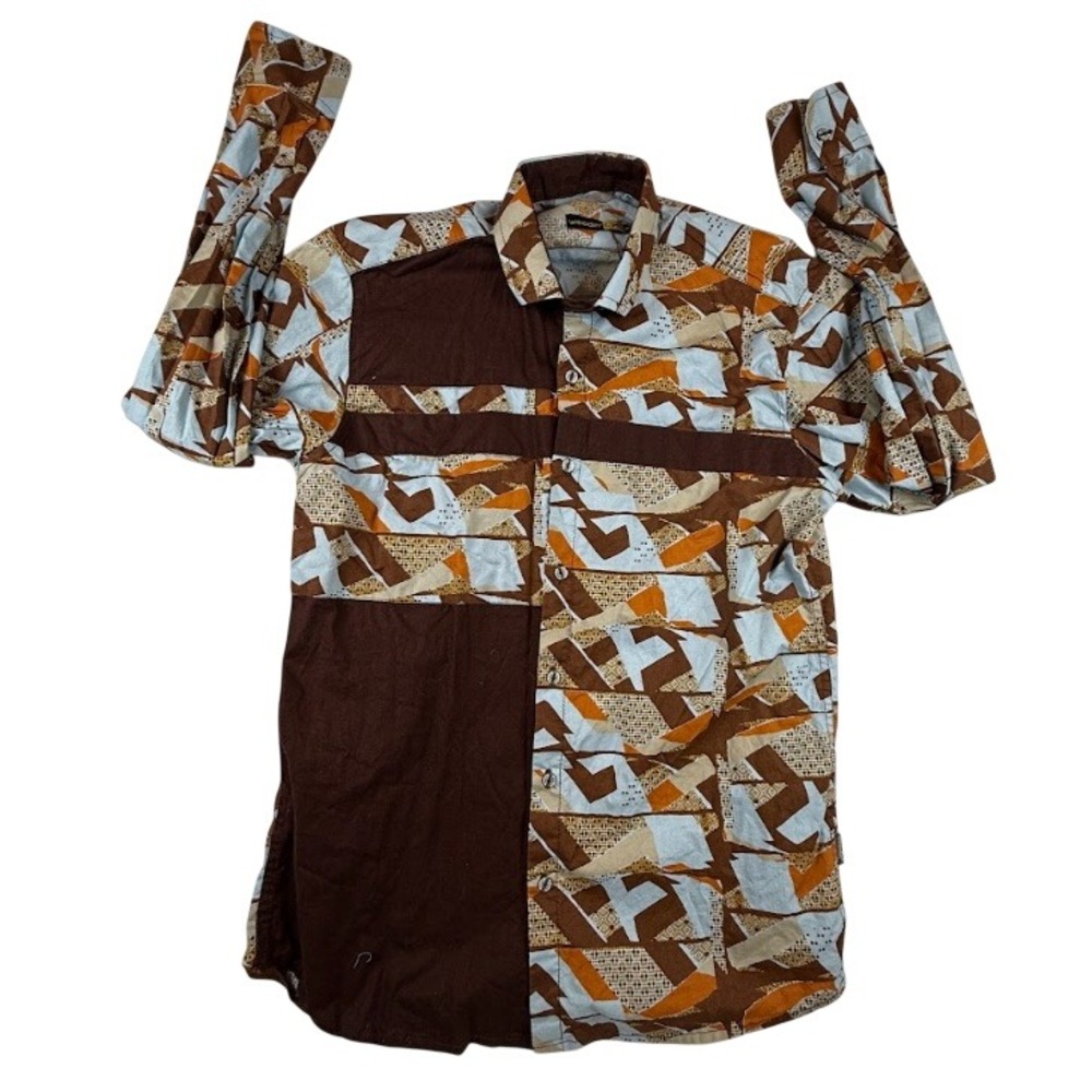 Woodin Mens M Button Down Shirt Brown Geometric Abstract Long Sleeve Cotton